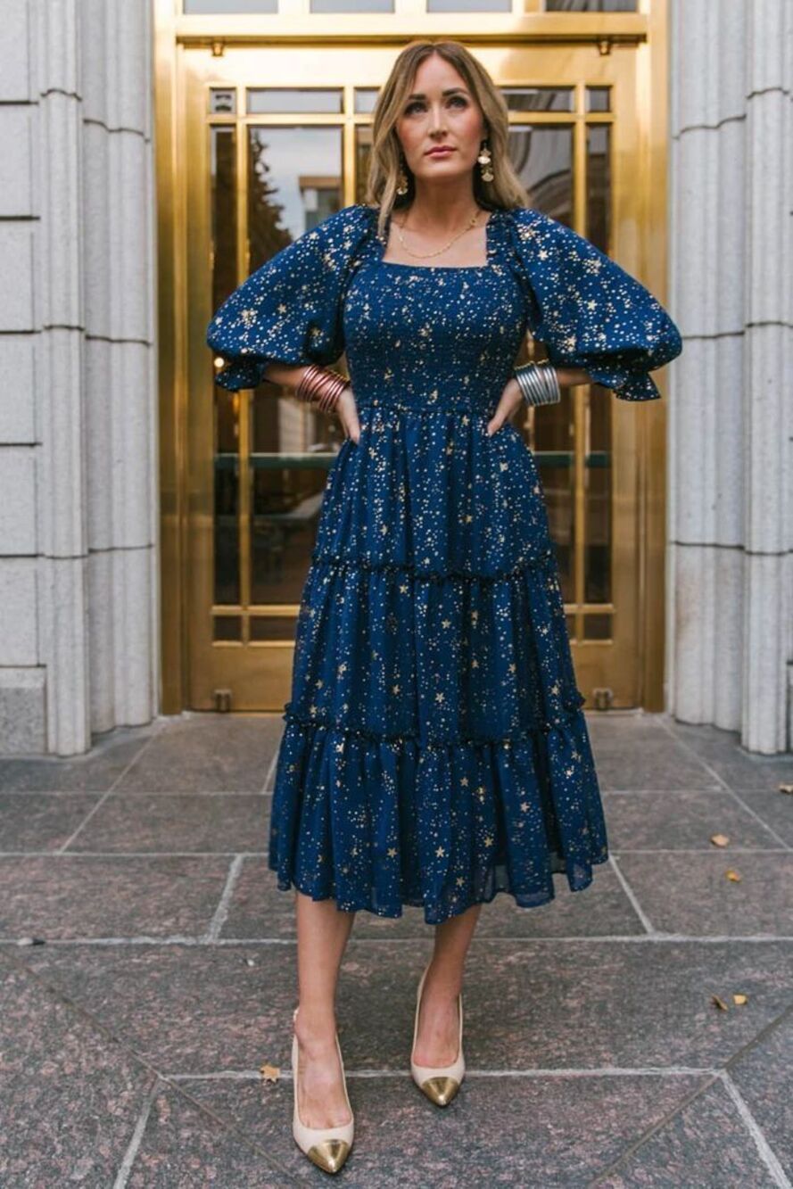 Ivy City Co. Starry Nights Smocked Midi Dress Navy Size XS
